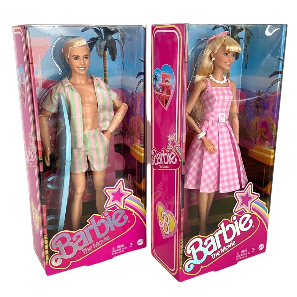 Barbie The Movie Barbie Gingham Dress Doll and Ken Beach Surfboard Doll
